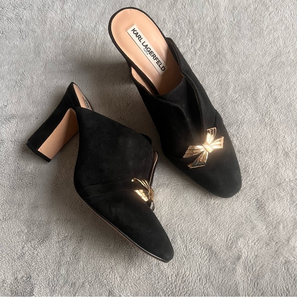 Karl Lagerfeld Shoes - Karl Lagerfeld Norah Suede Leather Block Heel Bow Embellished Mules Sz 9